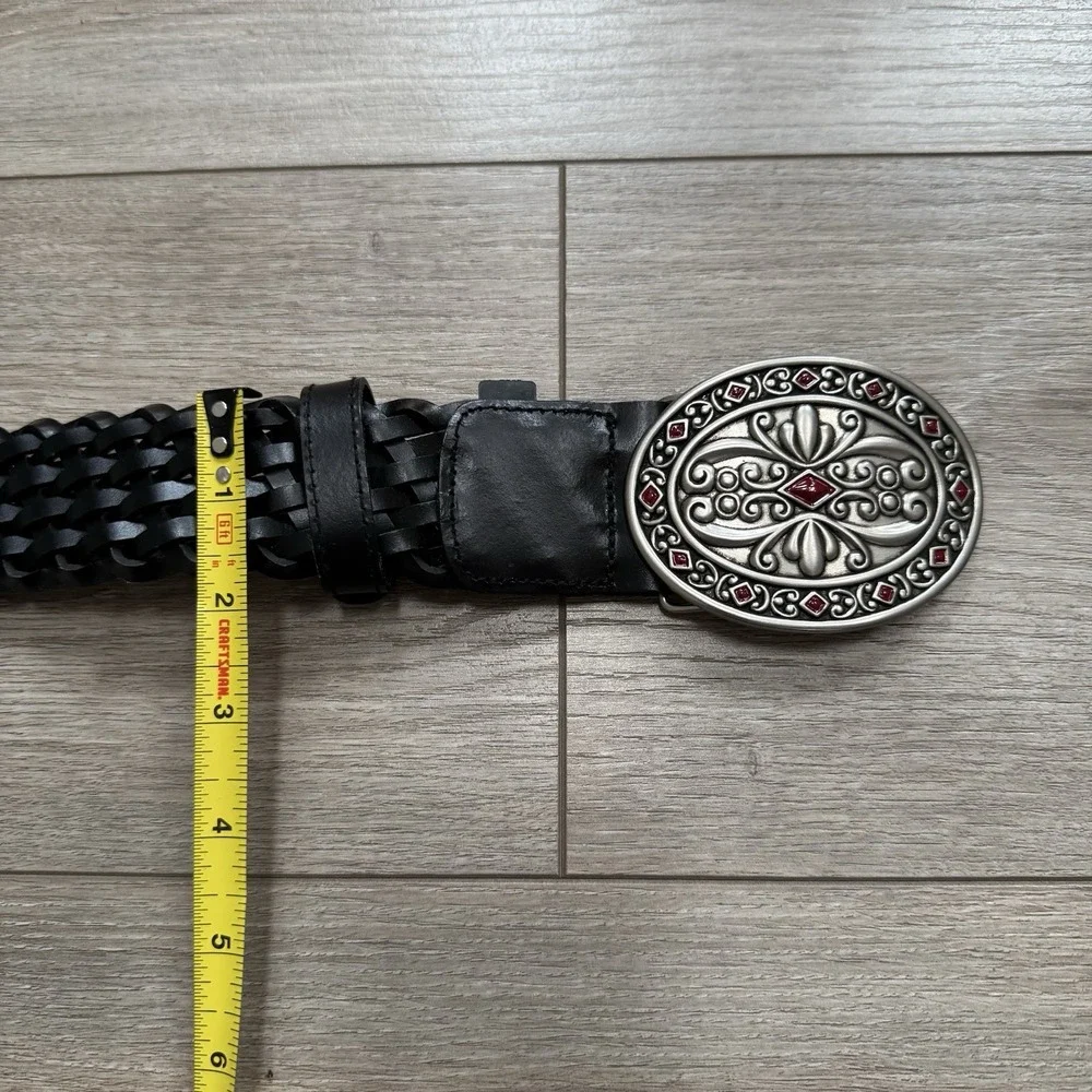 NWT Valerie Steven's Black Braided Bonded Leather Belt Silver Tone Buckle Sz S/M